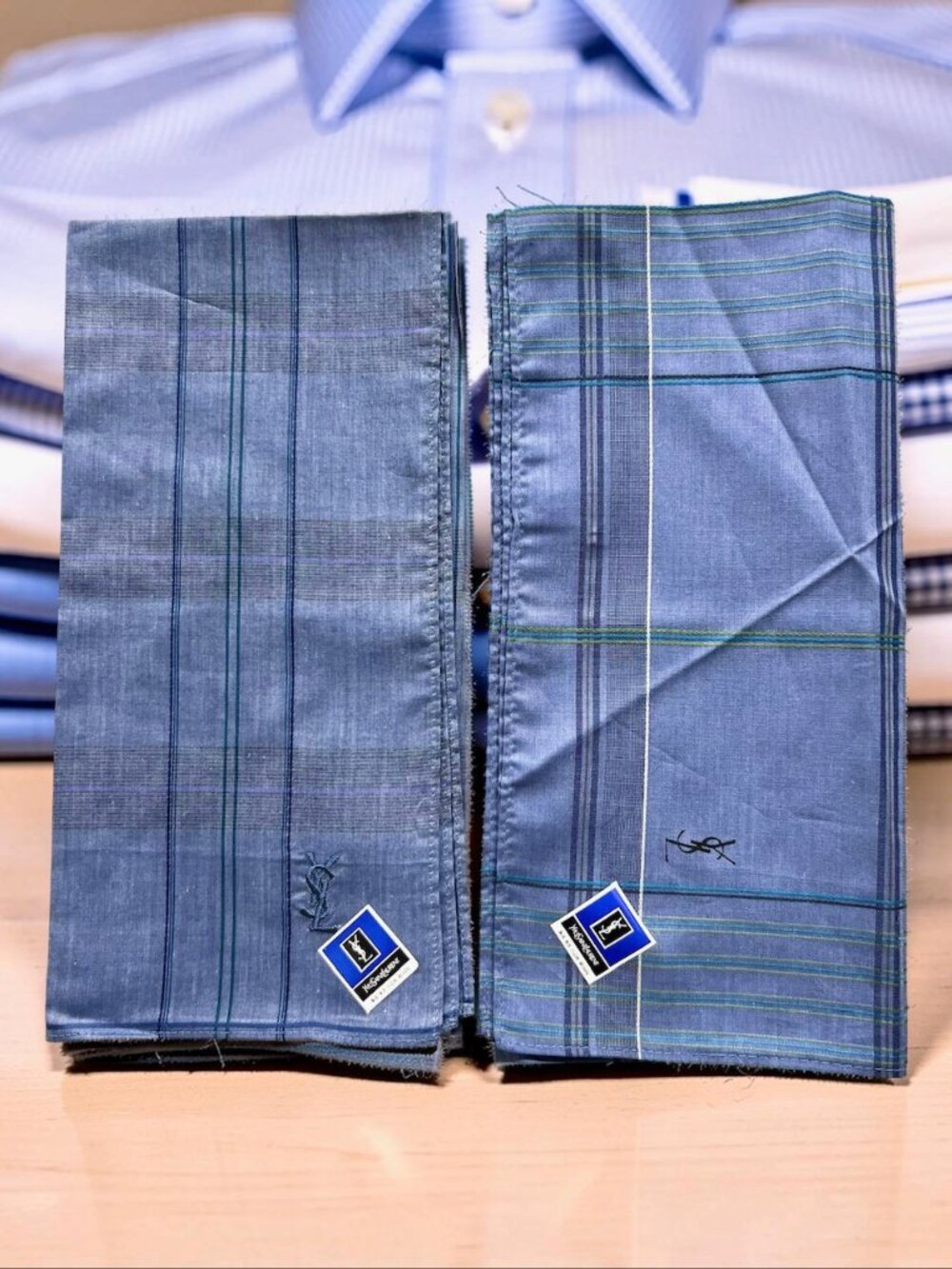 New Men (2) Yves Saint Laurent  Pocket Ssquare 19"  Blue Teal Gray Striped  (47